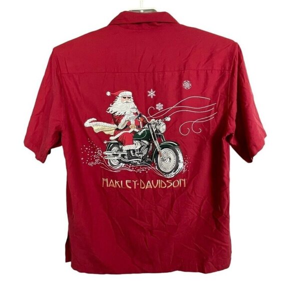 Harley Davidson Embroidered Santa Motorcycle Men's size S Red Short Sleeve Shirt - Picture 1 of 8